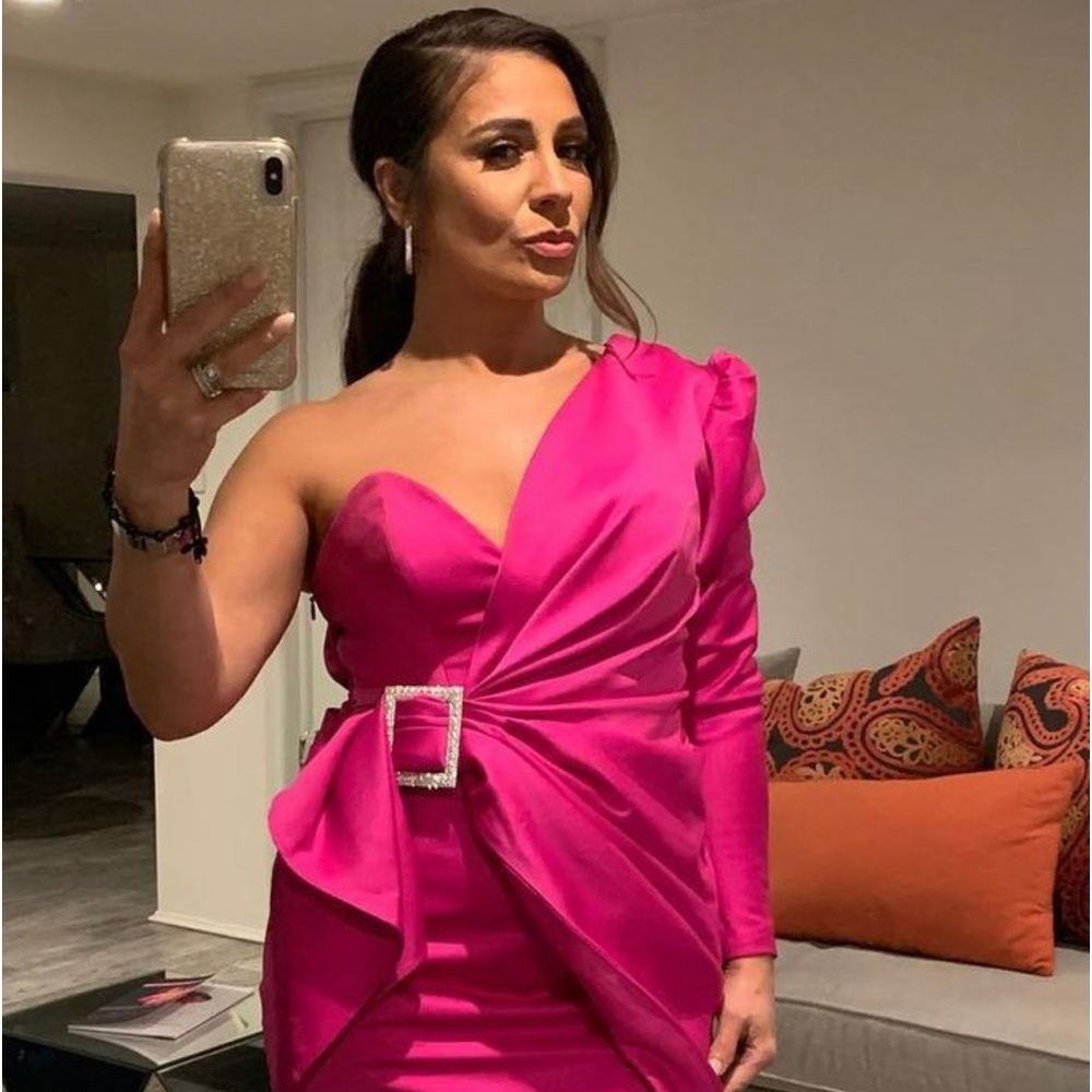 Chiara pink one shoulder draped satin dress with crystals on belt